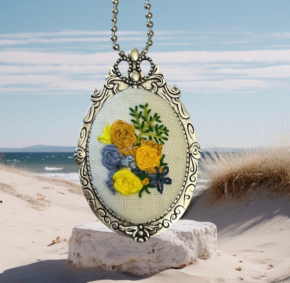 Handmade Botanical Colorful Embroidered Pendant / Broach